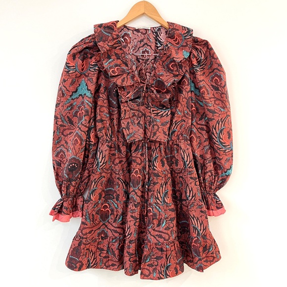 ULLA JOHNSON Caris Long Sleeve Ruffle Dress In Red Oversized Fit - Picture 2 of 15